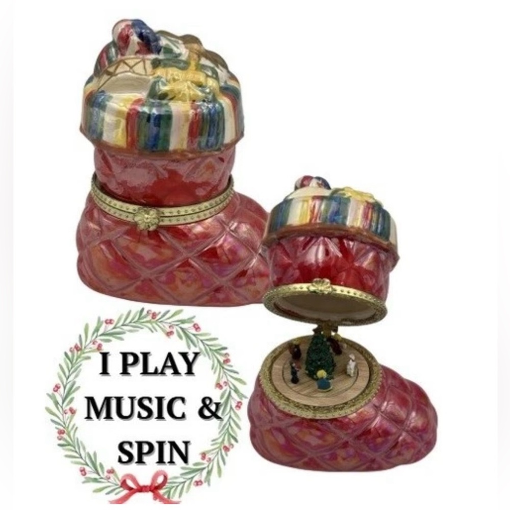 Mr. Christmas Santa's Boot Hinged Porcelain Music‎ Box Christmas Ornament WORKS!